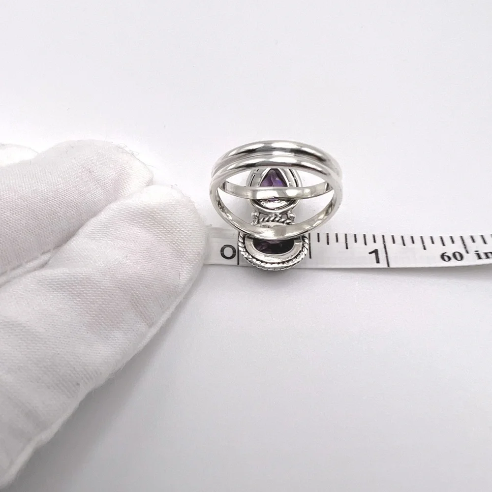 Genuine Faceted Amethyst Oval & Tear Drop .925 Sterling Silver Ring - Picture 13 of 17